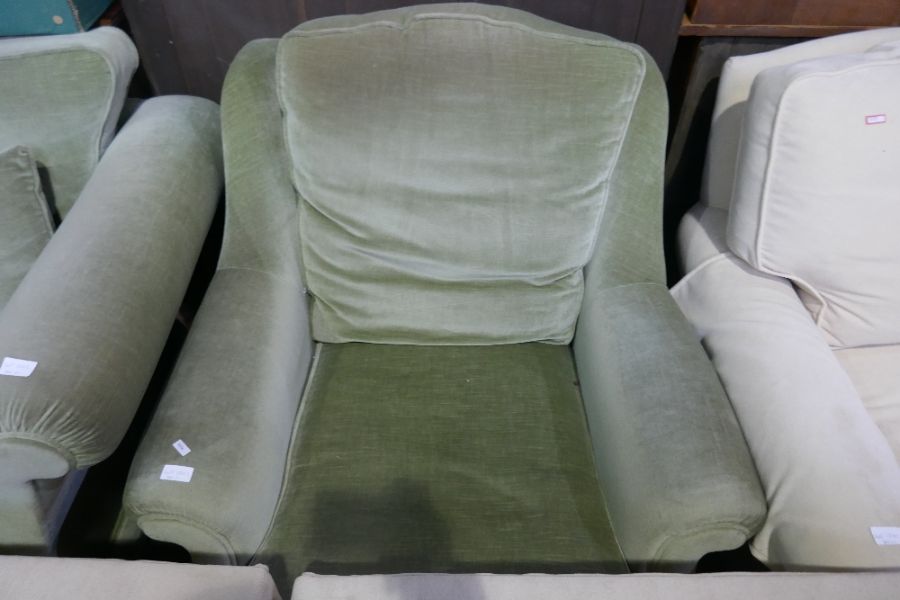 Vintage green velvet settee with a pair of similar armchairs