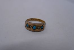 Antique 22ct yellow gold band ring inset with turquoise and seed pearls, marked 22, size L, 2g appro