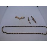Unmarked yellow metal chain, together with 29ct yellow brooches AF and another gross lot weight 16.3