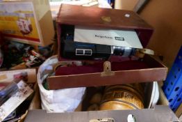 Box of China to include figurines, studio pottery, keystone camcorder, badges etc