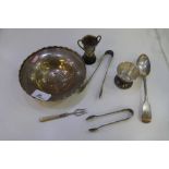 A mixed lot comprising of white metal and plated items to include decorative mother of pearl handle