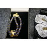 Boxed Swarovski necklace, boxed Monet examples and 2 beadwork handbags