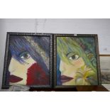 Two similar modern oil paintings of faces, signed