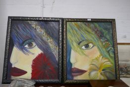 Two similar modern oil paintings of faces, signed