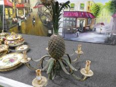 A vintage French painted metal 5 branch chandelier decorated pineapple