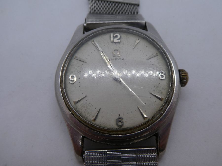 Vintage stainless steel gents 'Omega' wristwatch, AF, winder comes off and does not wind, surface sc - Image 2 of 5