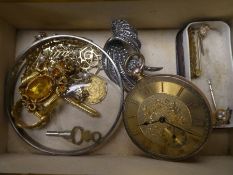 Gold plated pocket watch, plated brooch inset yellow gemstones, stick pins etc
