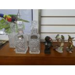 A pair of glass decanters having silver labels and sundry
