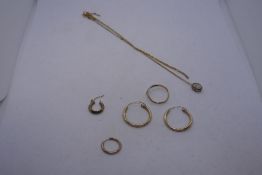 9ct gold to include pair of hoop earrings, wishbone ring, chain, etc, 3.8g approx