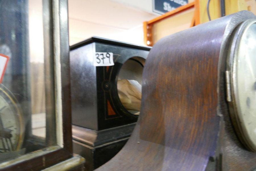 A mahogany cased mantle clock and 1930's oak example and two other clock cases - Image 6 of 10