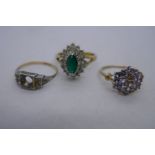 9ct yellow gold cluster ring, 9ct and silver ring and another