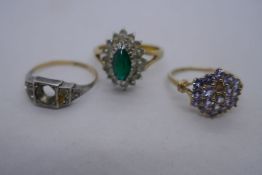 9ct yellow gold cluster ring, 9ct and silver ring and another