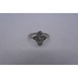 Unmarked white gold, 18ct, marquise shaped diamond ring with split shank, total diamond weight appro