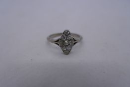 Unmarked white gold, 18ct, marquise shaped diamond ring with split shank, total diamond weight appro