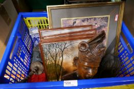 Crate of collectables to include African carvings, Chinese candlesticks, pictures etc