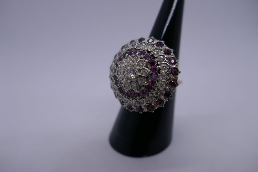 Impressive unmarked white metal, tested as 18ct diamond and ruby cluster ring comprising central clu - Image 3 of 3