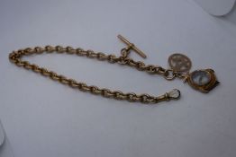 Heavy 9ct yellow gold watch chain mounted with a T bar, hung with Masonic medallion and a compass ch