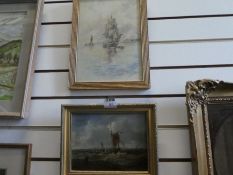 A 19th century oil on board of boats and figures in stormy seas, signed Moore and one other watercol