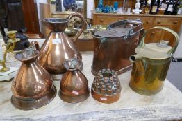 A 19th century copper jelly mould, a copper watering can and sundry