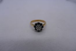Pretty yellow gold sapphire and diamond cluster ring, marks worn, size M, approx 4.1g