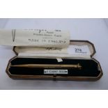 9ct yellow gold propelling pencil marked 375, 14.2g gross in original leather fitted case.