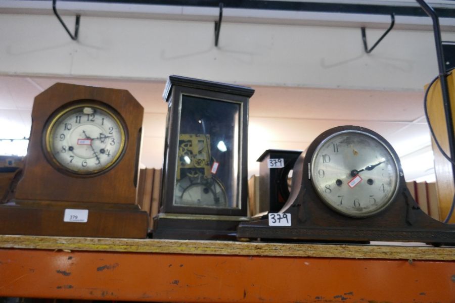 A mahogany cased mantle clock and 1930's oak example and two other clock cases - Image 7 of 10