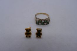 9ct emerald and opal panel ring marked 375, Size S, 4.5g and a pair of earrings