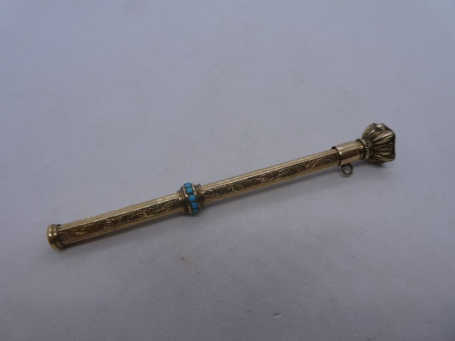 Yellow metal propelling pencil with applied turquoise beads, 6.2g unmarked - Image 2 of 7