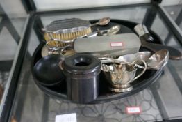A Pair of silver plated wick cutters, ebony items and sundry