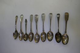 Nine silver teaspoons of various designs and hallmarks, some with slight ware to the hallmarks. Tota