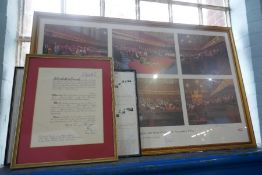 A coloured print of the House of Lords debating The Queens Speech pencil signed Andrew Festing and t