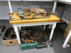 A large quantity of vintage and antique kitchenalia to include moulds, trivets, pewter and a pine ki