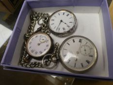 Two silver pocket watches, one J. W. Benson on chain, and another example with an enamel dial