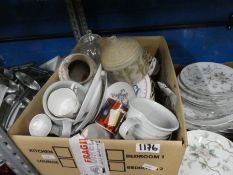 Four boxes of mixed china and sundry to include Noritake dinnerware, Phoenix china, sewing box and c