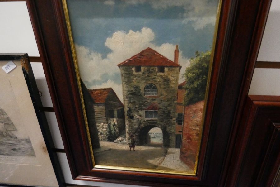 A pair of late Victorian oils by F . Offer, of street scene and two etchings - Image 3 of 5