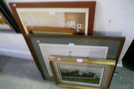 A small quantity of modern advertising prints and 2 horse racing pictures