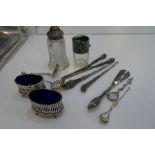 A mixed lot comprising two silver pierced salts with Bristol Blue inserts. Also with silver handled