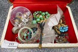 Jewellery box containing white metal filigree bangle, Jade bangle and other hardstone necklaces