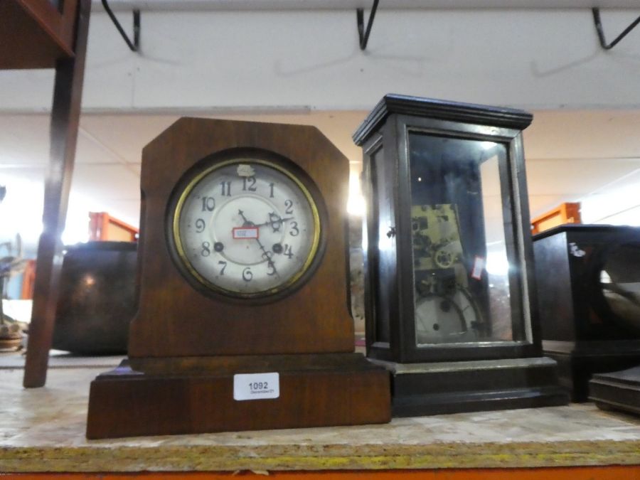 A mahogany cased mantle clock and 1930's oak example and two other clock cases - Image 8 of 10
