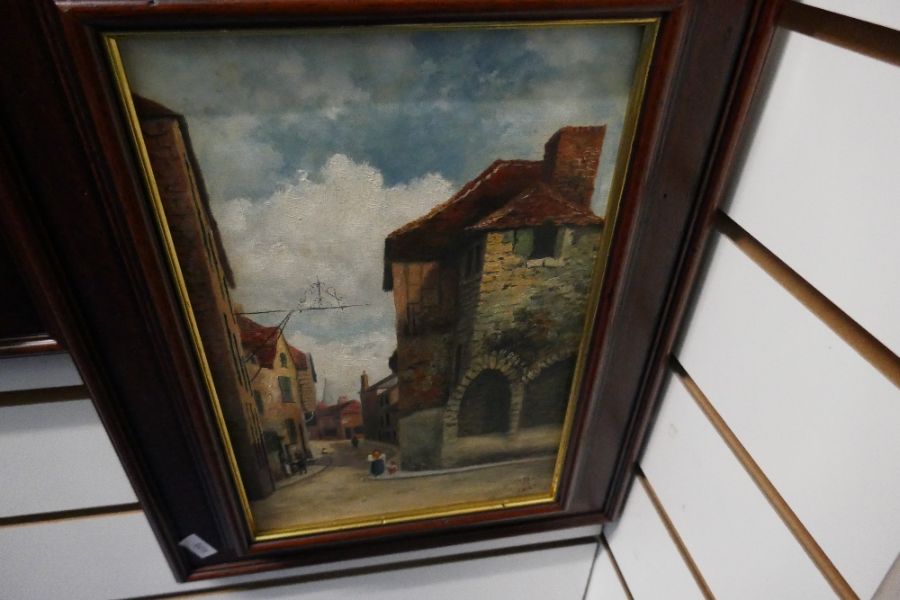 A pair of late Victorian oils by F . Offer, of street scene and two etchings - Image 2 of 5