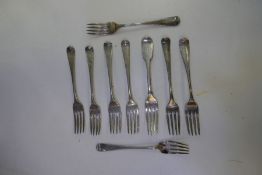 Eight Georgian silver London forks, three 1801 I B, one pair 1833 William Theobalds, one pair 1825 W