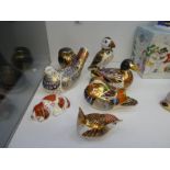 Royal Crown Derby, 7 various paperweights, including Puffin and Owl, 4, with gold buttons, 3 with si