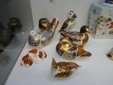 Royal Crown Derby, 7 various paperweights, including Puffin and Owl, 4, with gold buttons, 3 with si