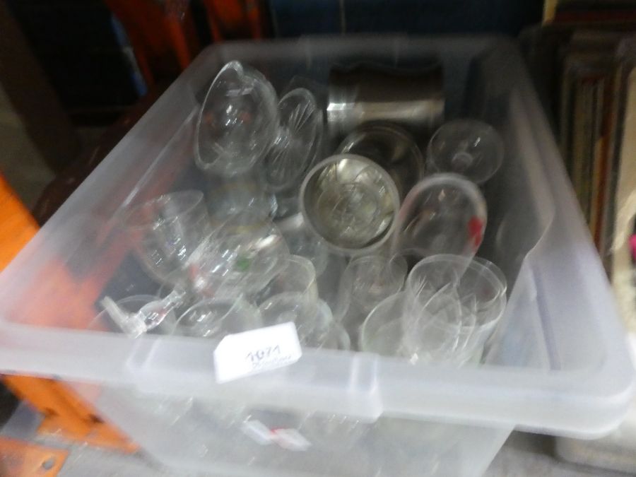 A box of glassware, sherry glasses, etc