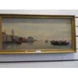 A 19th century oil on canvas of Venice landscape with figures and gondolas, unsigned, 60 x 27cm