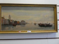 A 19th century oil on canvas of Venice landscape with figures and gondolas, unsigned, 60 x 27cm