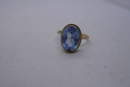9ct yellow gold dress ring set with oval pale blue stone, marked 375, size R, 4.1g approx
