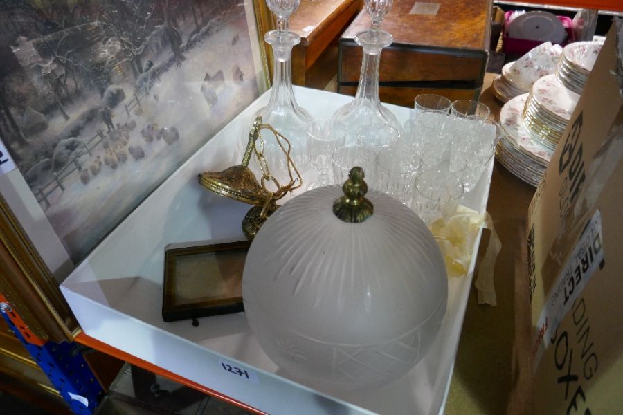 Box of glassware including light shades, decanters etc and pictures - Image 2 of 3