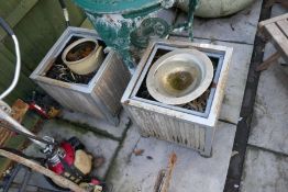 Pair of aluminium edged square planters and green wrought iron table