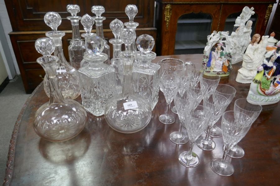 A quantity of glass decanters, 11 Stuart glasses and a jug